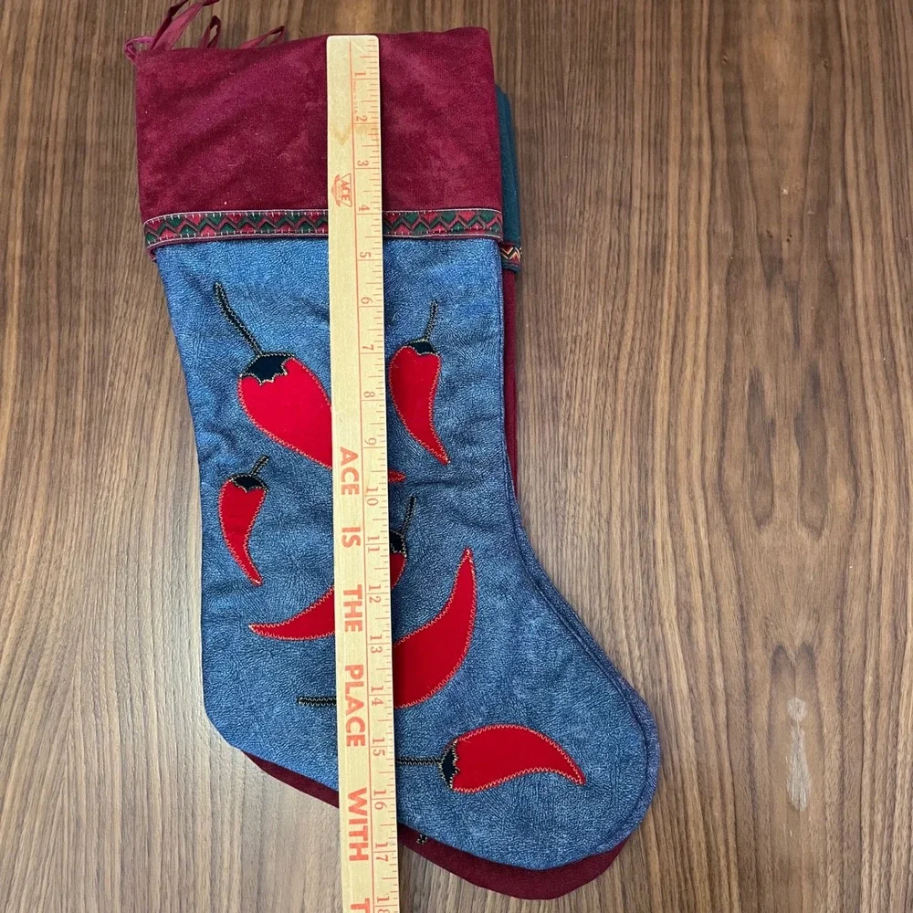 Set‎ of 4 Southwestern Christmas Stockings Red Chili Pepper Denim Burgundy Green